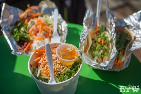 Nammi truck food. Clockwise from left: rice bowl, tacos, noodle bowl.